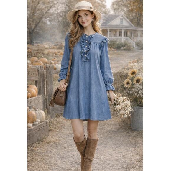 Draper James Dresses & Skirts - Draper James Chambray Mini Dress Womens Medium Blue Denim Ruffle Cottagecore